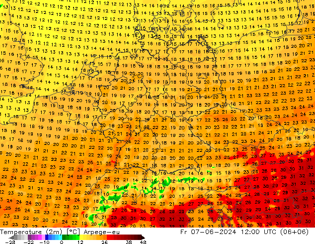 Temperatura (2m) Arpege-eu vie 07.06.2024 12 UTC