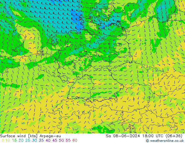 Vento 10 m Arpege-eu Sáb 08.06.2024 18 UTC