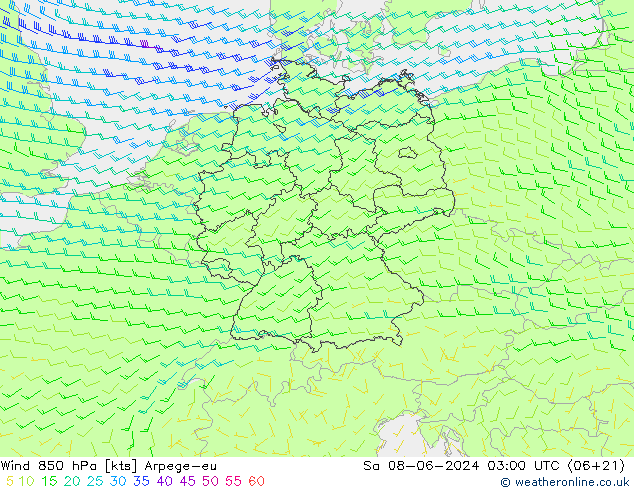 Vento 850 hPa Arpege-eu Sáb 08.06.2024 03 UTC