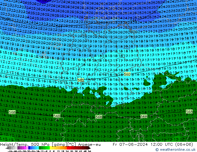 Height/Temp. 500 гПа Arpege-eu пт 07.06.2024 12 UTC