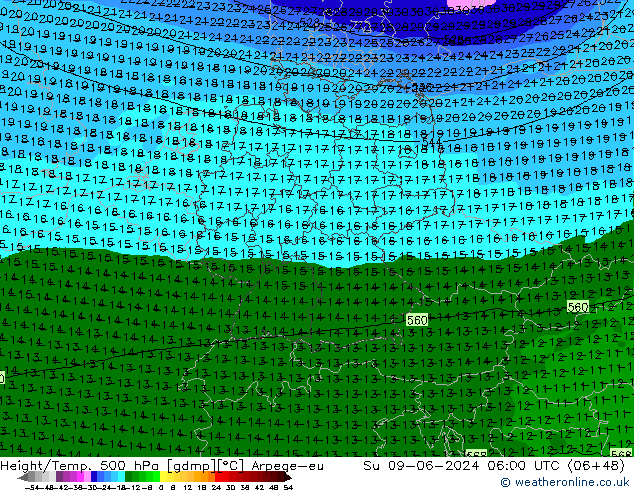 Height/Temp. 500 hPa Arpege-eu So 09.06.2024 06 UTC