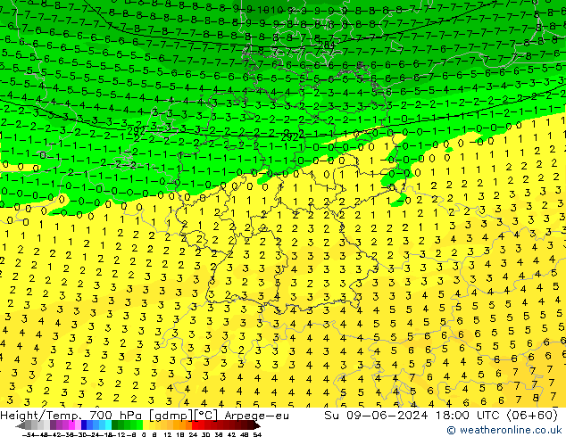 Height/Temp. 700 hPa Arpege-eu So 09.06.2024 18 UTC