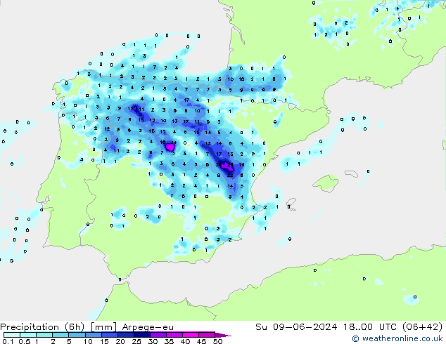 Precipitation (6h) Arpege-eu Su 09.06.2024 00 UTC