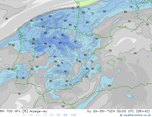 RH 700 hPa Arpege-eu Su 09.06.2024 00 UTC