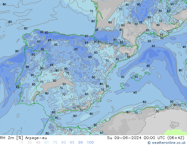 Humidité rel. 2m Arpege-eu dim 09.06.2024 00 UTC