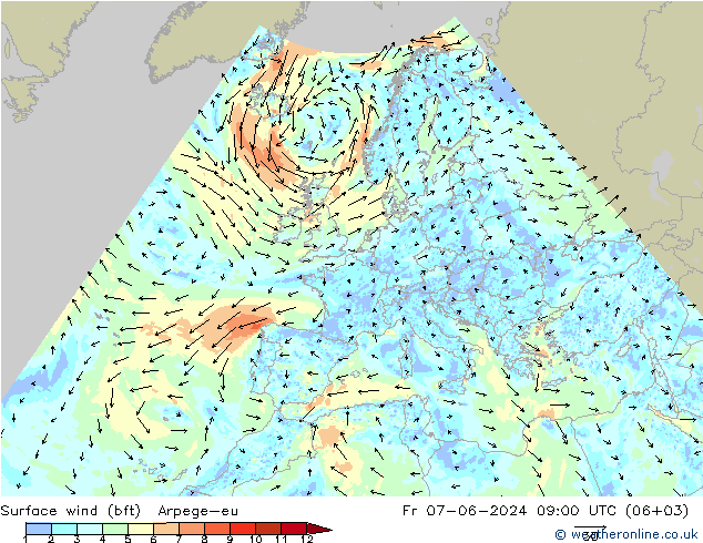 Wind 10 m (bft) Arpege-eu vr 07.06.2024 09 UTC