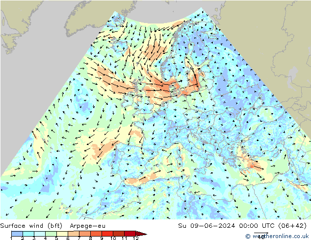 Surface wind (bft) Arpege-eu Su 09.06.2024 00 UTC