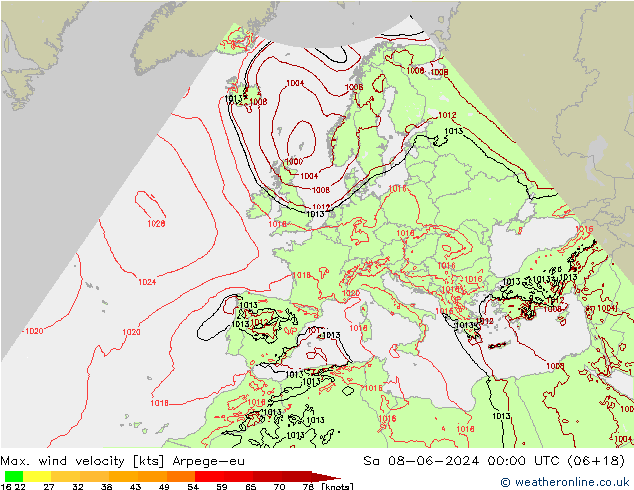 Max. wind velocity Arpege-eu So 08.06.2024 00 UTC