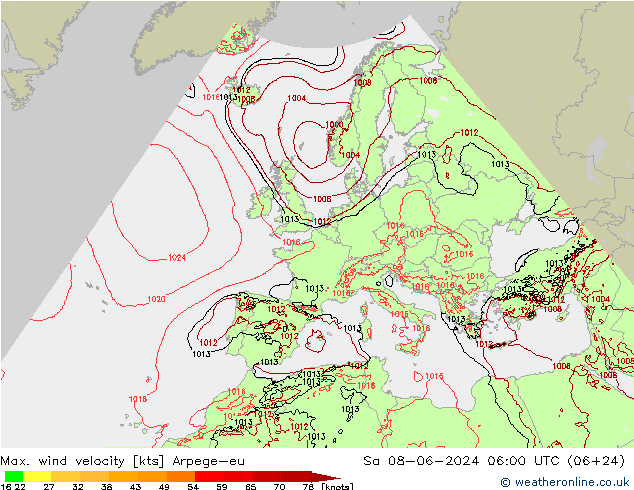 Max. wind velocity Arpege-eu sam 08.06.2024 06 UTC