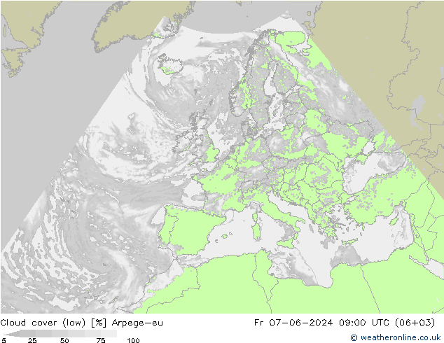 nízká oblaka Arpege-eu Pá 07.06.2024 09 UTC