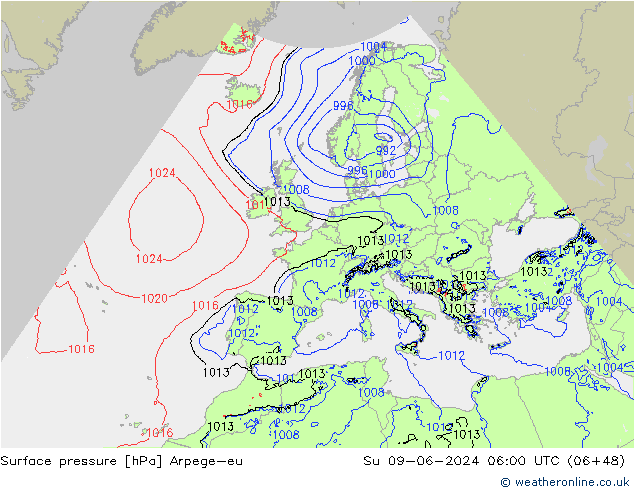 Surface pressure Arpege-eu Su 09.06.2024 06 UTC