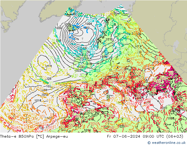 Theta-e 850гПа Arpege-eu пт 07.06.2024 09 UTC