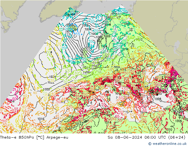 Theta-e 850hPa Arpege-eu Sa 08.06.2024 06 UTC