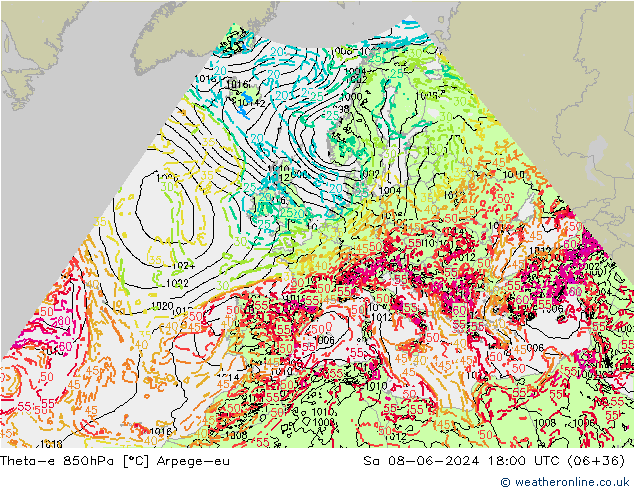 Theta-e 850hPa Arpege-eu Sa 08.06.2024 18 UTC