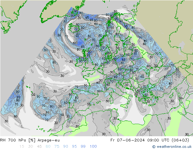 RH 700 hPa Arpege-eu Pá 07.06.2024 09 UTC