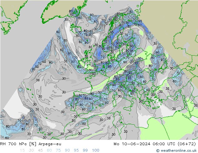 RH 700 hPa Arpege-eu Po 10.06.2024 06 UTC