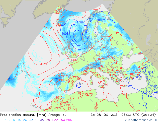 Precipitation accum. Arpege-eu Sa 08.06.2024 06 UTC