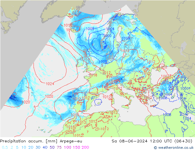 Precipitation accum. Arpege-eu Sa 08.06.2024 12 UTC