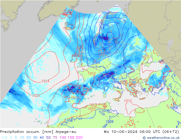 Precipitation accum. Arpege-eu Mo 10.06.2024 06 UTC