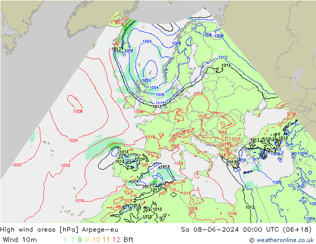 yüksek rüzgarlı alanlar Arpege-eu Cts 08.06.2024 00 UTC