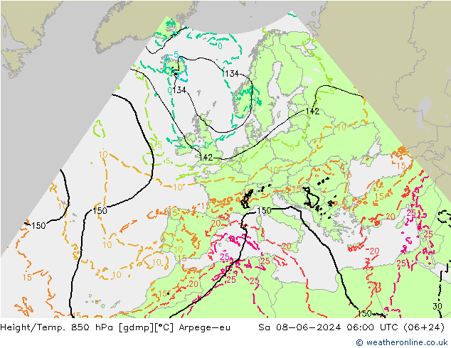 Height/Temp. 850 hPa Arpege-eu so. 08.06.2024 06 UTC