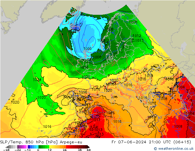 SLP/Temp. 850 hPa Arpege-eu Pá 07.06.2024 21 UTC