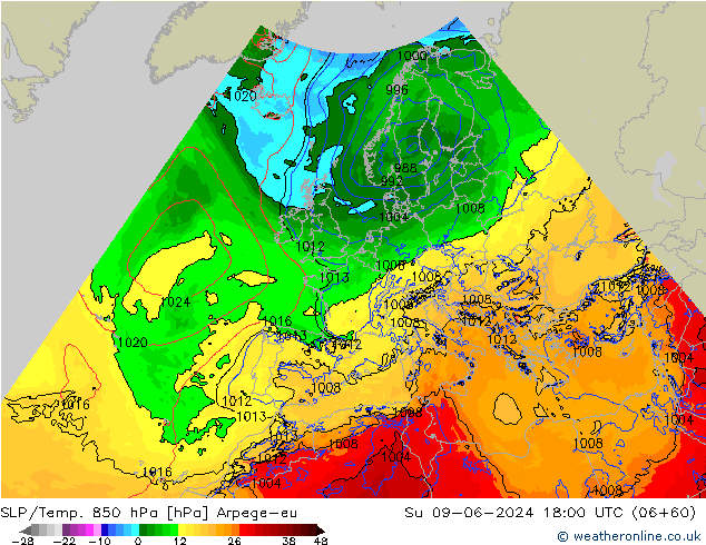 SLP/Temp. 850 hPa Arpege-eu  09.06.2024 18 UTC