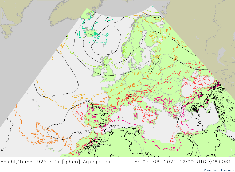 Yükseklik/Sıc. 925 hPa Arpege-eu Cu 07.06.2024 12 UTC