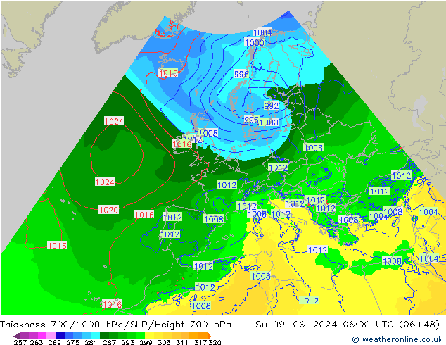 Thck 700-1000 hPa Arpege-eu Su 09.06.2024 06 UTC