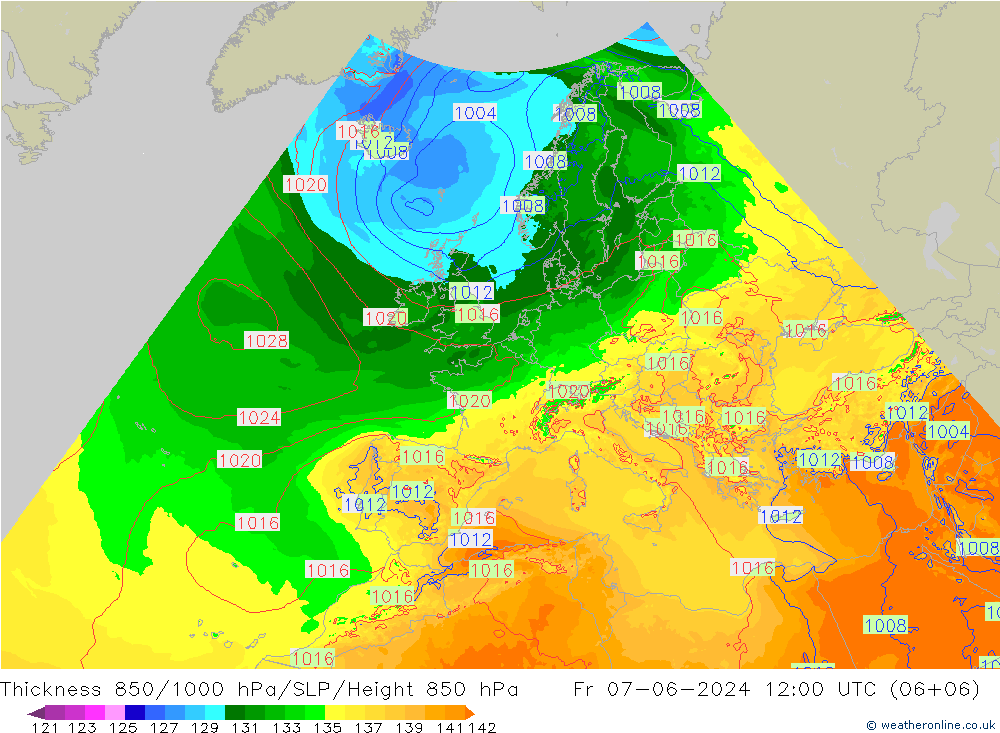 Dikte 850-1000 hPa Arpege-eu vr 07.06.2024 12 UTC