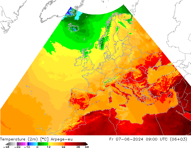 mapa temperatury (2m) Arpege-eu pt. 07.06.2024 09 UTC