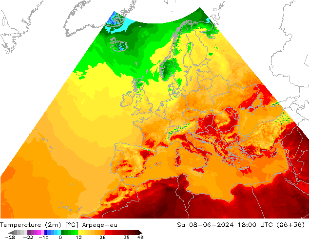 Temperaturkarte (2m) Arpege-eu Sa 08.06.2024 18 UTC