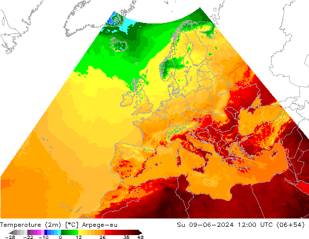 Temperaturkarte (2m) Arpege-eu So 09.06.2024 12 UTC