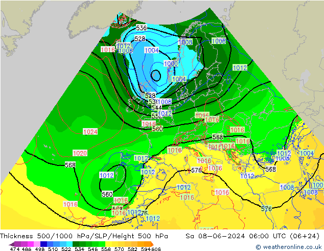 Schichtdicke 500-1000 hPa Arpege-eu Sa 08.06.2024 06 UTC