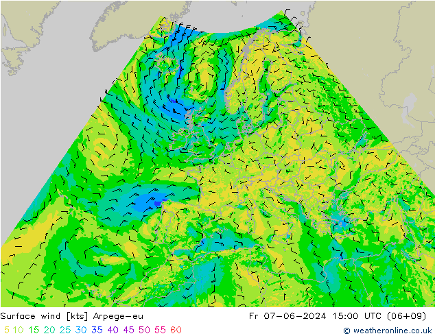 Wind 10 m Arpege-eu vr 07.06.2024 15 UTC