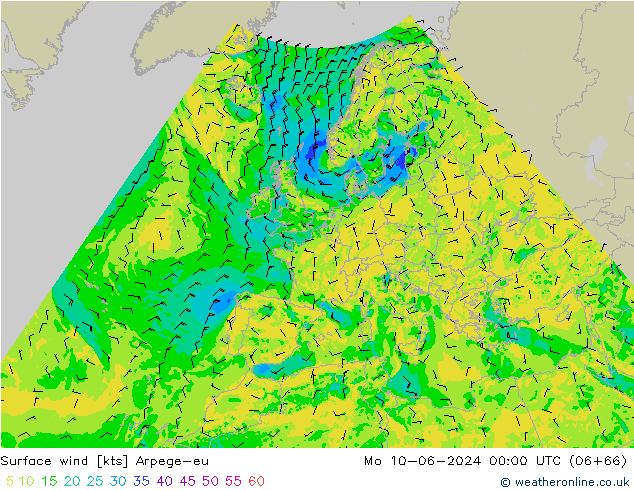 Surface wind Arpege-eu Mo 10.06.2024 00 UTC