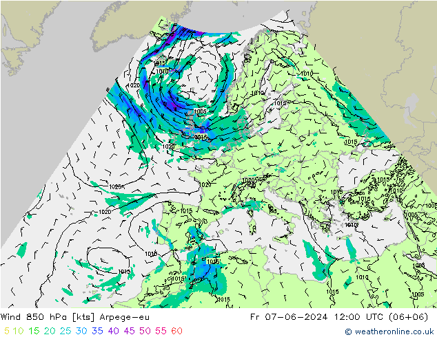 Vento 850 hPa Arpege-eu Sex 07.06.2024 12 UTC