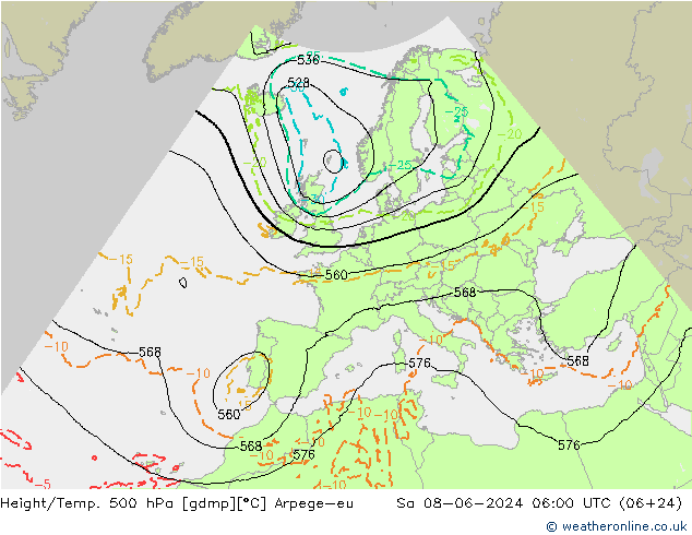 Height/Temp. 500 hPa Arpege-eu 星期六 08.06.2024 06 UTC