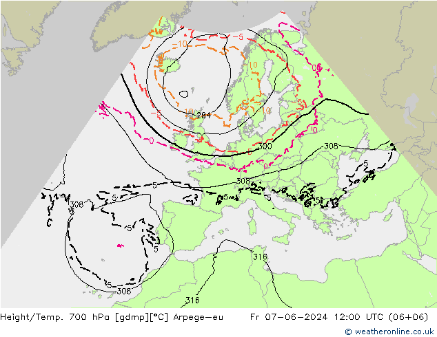 Height/Temp. 700 hPa Arpege-eu ven 07.06.2024 12 UTC