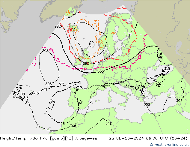 Height/Temp. 700 hPa Arpege-eu Sa 08.06.2024 06 UTC