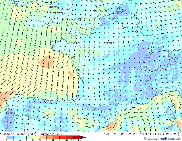 Bodenwind (bft) Arpege-eu Sa 08.06.2024 21 UTC