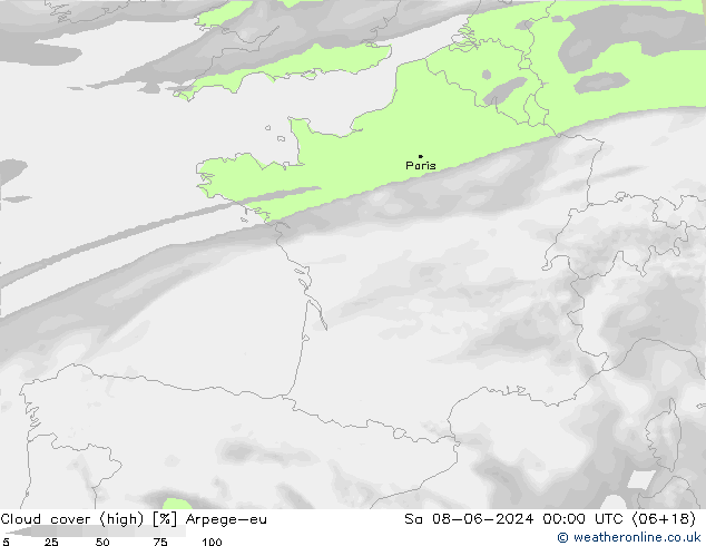 Cloud cover (high) Arpege-eu Sa 08.06.2024 00 UTC