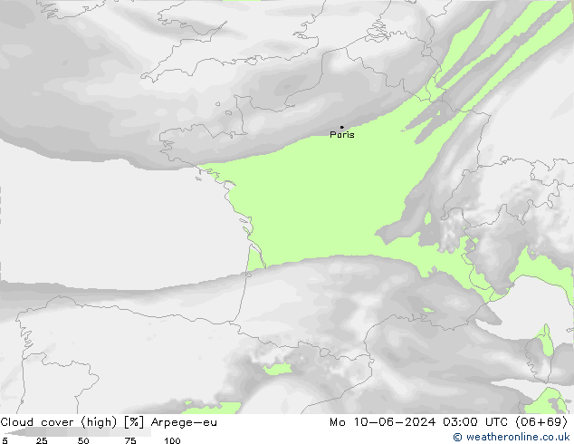 Cloud cover (high) Arpege-eu Mo 10.06.2024 03 UTC