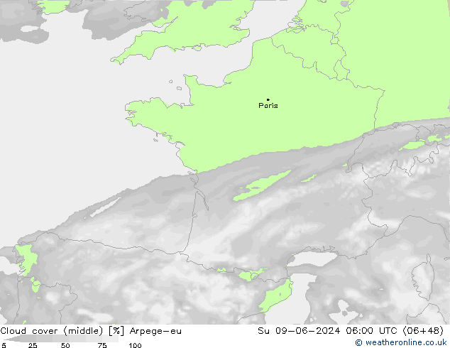 oblačnosti uprostřed Arpege-eu Ne 09.06.2024 06 UTC