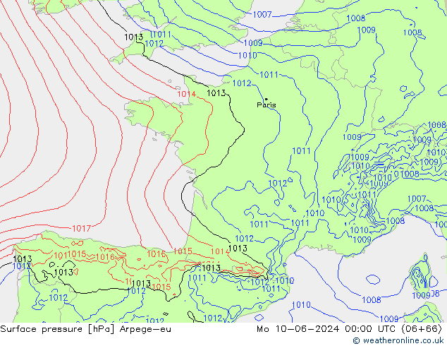 Surface pressure Arpege-eu Mo 10.06.2024 00 UTC