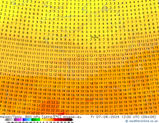 Height/Temp. 850 hPa Arpege-eu Sex 07.06.2024 12 UTC