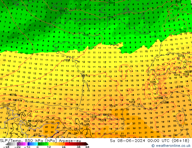 SLP/Temp. 850 hPa Arpege-eu so. 08.06.2024 00 UTC