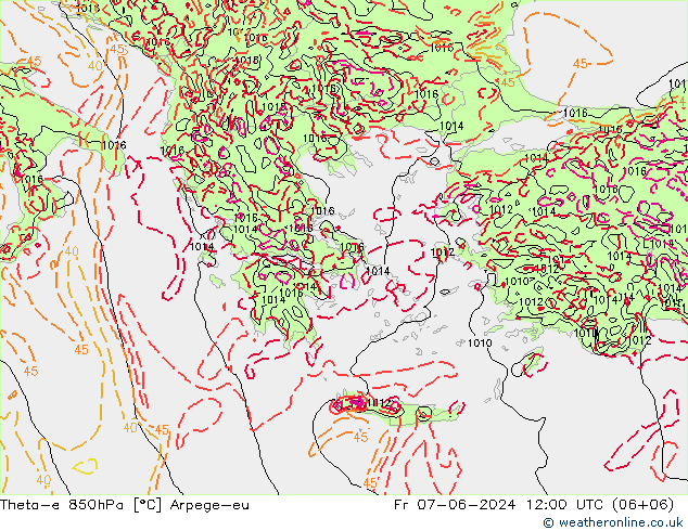 Theta-e 850hPa Arpege-eu Fr 07.06.2024 12 UTC