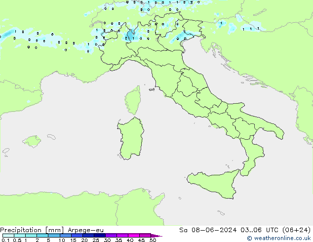 Precipitazione Arpege-eu sab 08.06.2024 06 UTC