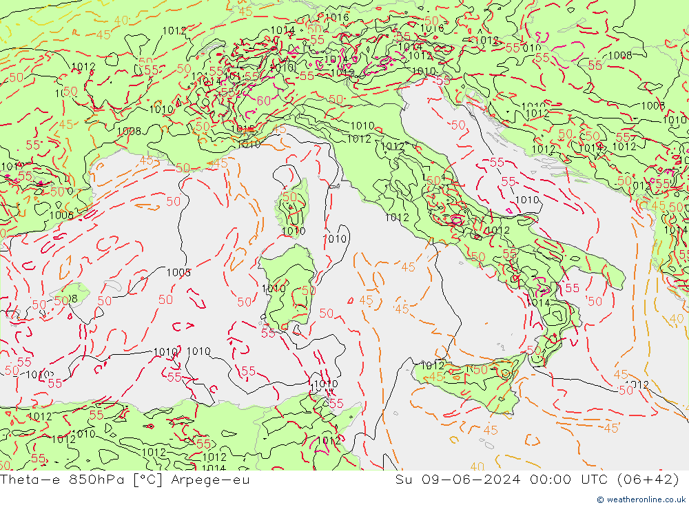 Theta-e 850hPa Arpege-eu dim 09.06.2024 00 UTC